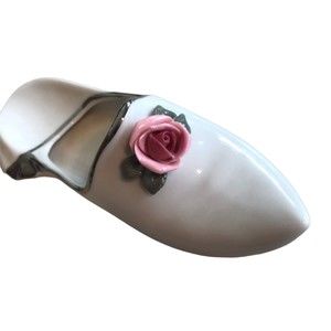 VTG Dresden Porcelain Ballet Slipper Germany Cabbage Pink Roses Silver Trim 6"